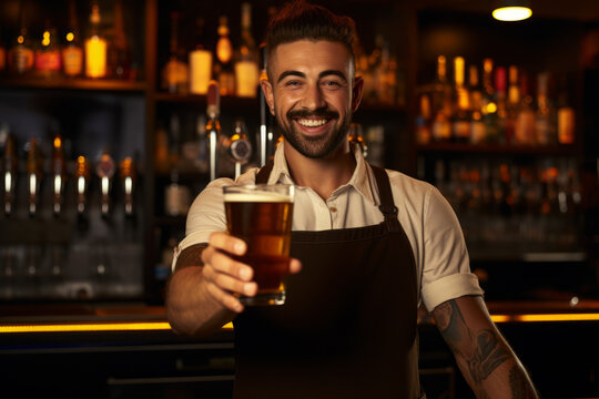 Bartender serving a pint of beer