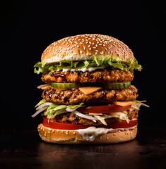 big hamburger with chicken cutlet - obrazy, fototapety, plakaty