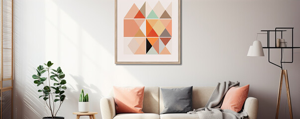 living room with modern sofa, geometric image frame on wall.