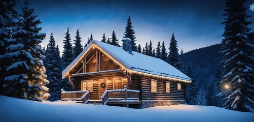 Foto op Canvas Wooden winter cabin in the snow. With christmas fairy lights. © Kai Köpke