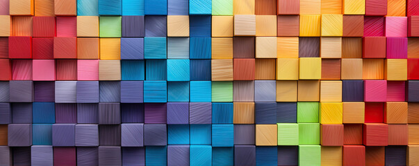 Colored wooden cubes wall. Abstract geometric rainbow blocks. wide banner - obrazy, fototapety, plakaty