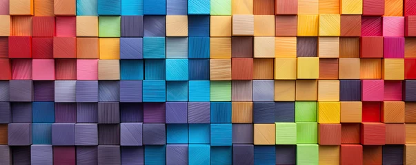 Foto op Canvas Colored wooden cubes wall. Abstract geometric rainbow blocks. wide banner © Michal