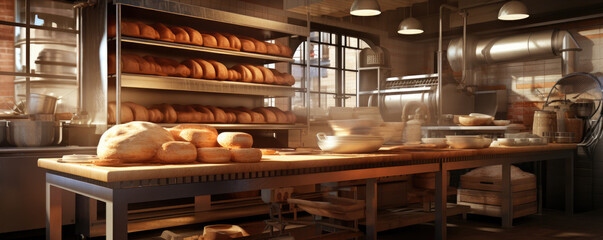 Fresh bread and pastries in bakery, - obrazy, fototapety, plakaty