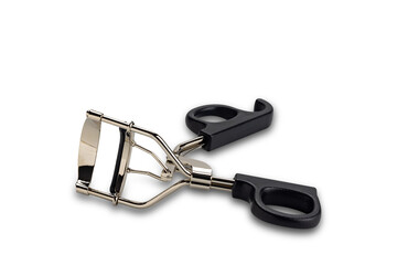 High angle view of metal eyelash curler with black plastic handles isolated on white background with clipping path.