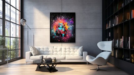 Abstract Background Concept Of Cosmic Canvas Mockup In Modern Loft Interior