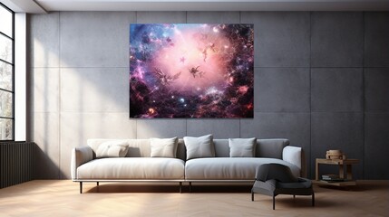 Abstract Background Concept Of Cosmic Canvas Mockup In Modern Loft Interior
