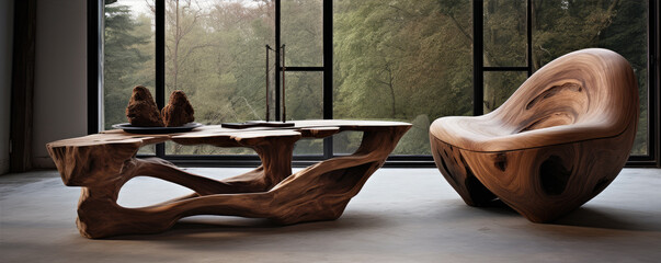 Unique wooden furinture. Sofa and chair elegant wood design.
