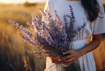 Fototapeta na wymiar A bouquet of lavender in the hands of a beautiful girl. The tenderness and purity of nature, Generative AI