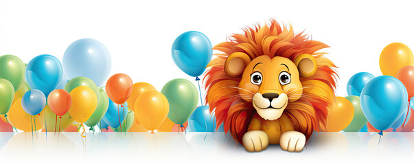 Funny cartoon cute lion with color baloons on white background.