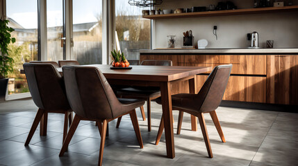 Fototapeta na wymiar Wooden Chairs Near Kitchen Island in Contemporary Dining Room Design, generative Ai