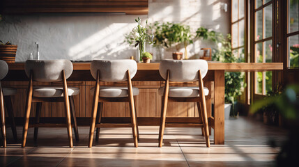 Fototapeta premium Wooden Chairs Near Kitchen Island in Contemporary Dining Room Design, generative Ai