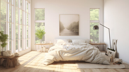 An artistic rendering of a well-lit morning bedroom