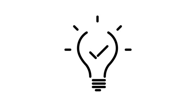 light bulb with tick animated outline icon with alpha channel. light bulb with tick 4k video animation for web, mobile and ui design