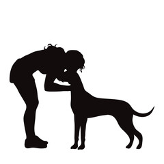 Vector silhouettes of girl with her dog on white background. Symbol of pet and canine.