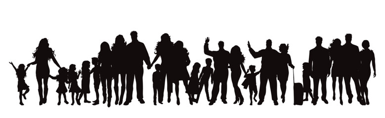 Group of vector silhouettes of families on white background. Symbol of home and parenthood.