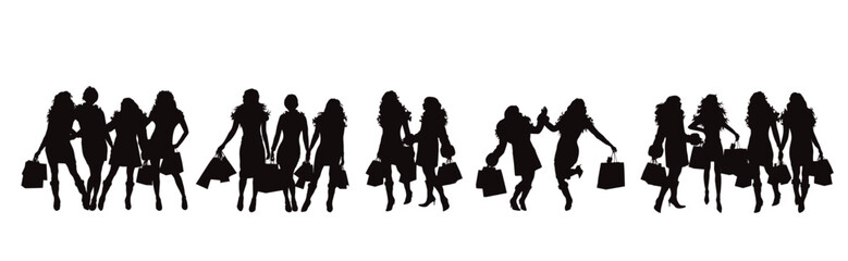 Vector silhouettes of a group of women shopping on a white background.