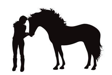 Vector silhouettes of girl with her horse on white background. Symbol of farm. - 658659679