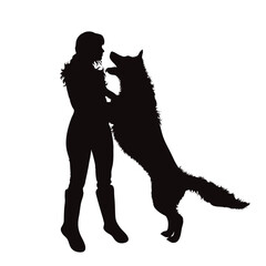 Vector silhouettes of girl with her dog on white background. Symbol of pet and canine.