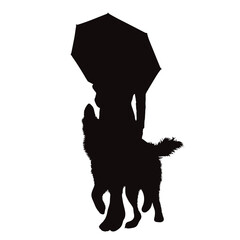 Vector silhouettes of girl with her dog on white background. Symbol of pet and canine.
