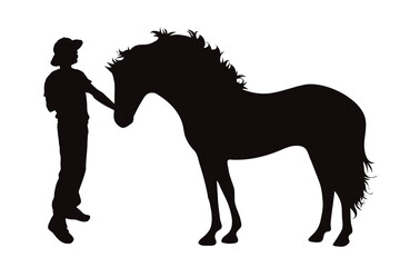 Vector silhouettes of boy with his horse on white background. Symbol of farm.