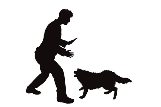 Vector silhouettes of boy with aggressive dog on white background. Symbol of pet and attack.