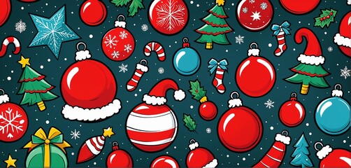 Colorful christmas comic style pattern with christmas trees, ornaments, snowflakes and decorations.