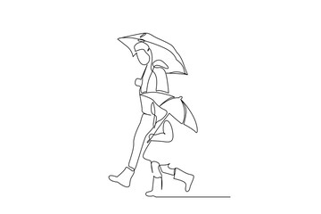 mother and her little daughter walking together with umbrella rainy day life full body length line art design