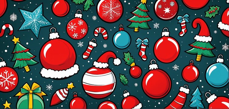 Colorful christmas comic style pattern with christmas trees, ornaments, snowflakes and decorations.