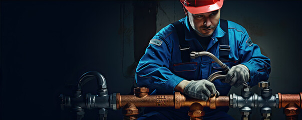 plumber at work banner, plumbing repair service - obrazy, fototapety, plakaty