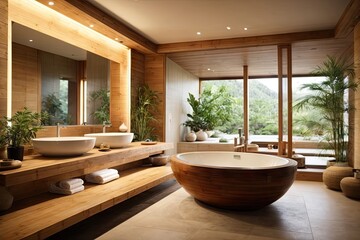 Fototapeta premium Tranquil Zen-Inspired Bathroom Interior Design Oasis with Natural Wood and Stone Accents, AI Generated