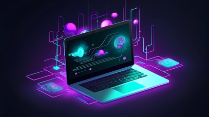 A 3D isometric Illustration of a laptop,,dark teal and light violet tones, glowing effects, data flow, charts, graphs - created by Generative AI