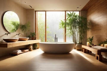 Fototapeta premium Tranquil Zen-Inspired Bathroom Interior Design Oasis with Natural Wood and Stone Accents, AI Generated