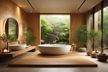 Fototapeta premium Tranquil Zen-Inspired Bathroom Interior Design Oasis with Natural Wood and Stone Accents, AI Generated