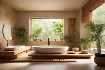 Fototapeta premium Tranquil Zen-Inspired Bathroom Interior Design Oasis with Natural Wood and Stone Accents, AI Generated