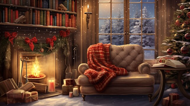 Weihnachten, Kamin mit Geschenken und Dekoration