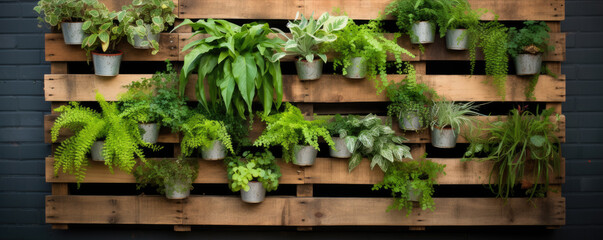 Obraz premium Old pallets with hanging green plants,