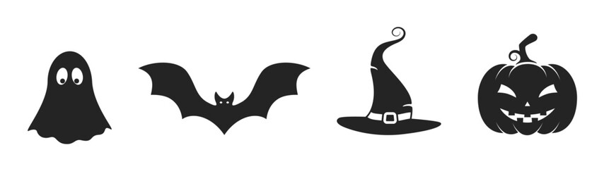 halloween icon set. jack o lantern, witch hat, bat and ghost symbols
