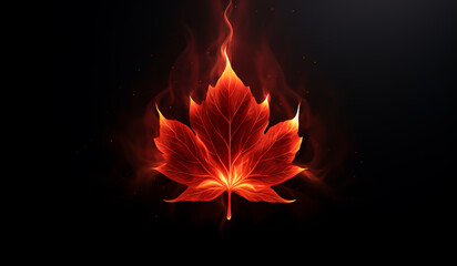 Autumn maple leaf formed by fire on dark background. Fractal concept. AI generated