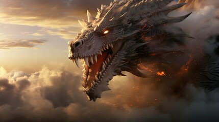 Majestic Dragon Soaring Amongst Clouds in Digital Painting with Vibrant Colors and Golden Sunset Light