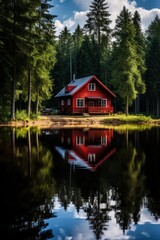 A small wooden house in a coniferous forest on the shore of a lake. A place for privacy and escape from the bustle of the city. House in a national park on the shore of a picturesque lake.