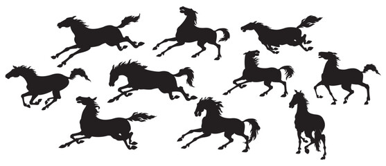 Silhouette of running horses in different poses and movements.