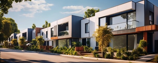 Obraz premium new modern townhouses in the city. street with some trees.