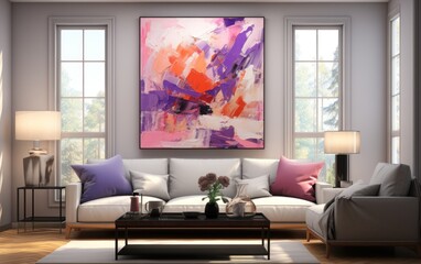 Living room interior, large sofa, painting on the wall with dynamic colorful paint strokes in comic book style.