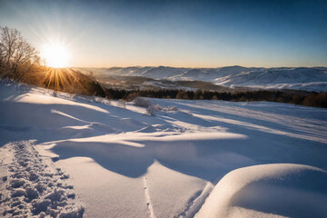 Fototapeta na wymiar Beautiful snowy winter landscape in the countryside, cold season wallpaper