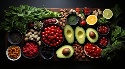 Nutritional treats: A vibrant mix of healthy foods. Proper nutrition, healthy lifestyle. - obrazy, fototapety, plakaty