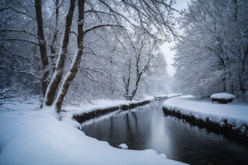 Freezing river in a snowy winter forest, snow and ice in nature, beautiful winter landscape