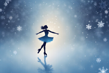 Naklejka premium Winter Magic, a figure skater skating on fantastic ice crystals and snowflakes falling on ice. the subtle blue lighting and snowy atmosphere. Generative AI