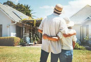 Back view, couple and hug outdoor at new home, real estate or house investment. Man, woman and...