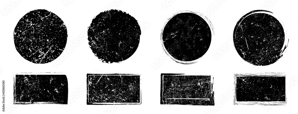 Aufkleber Stamp texture. Circle distress ink shape. Certificate badge. Round frames. Rectangle empty labels. Rubber scratch squares. Geometric figures. Postage seals. Black stains. Vector icons set