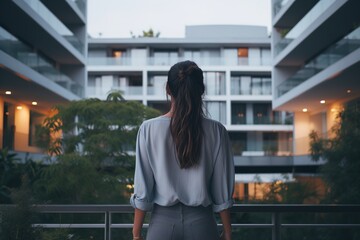 A person, casually dressed and viewed from behind, steps into a modern, sleek city apartment, embarking on an adventure of urban living and contemporary comfort in a bustling metropolis.